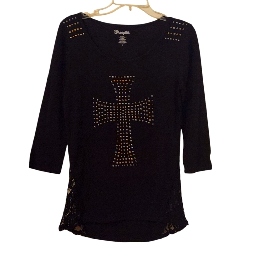 Wrangler Black Long Sleeve Embellished Cross ShoulderTop Size S Western Rodeo